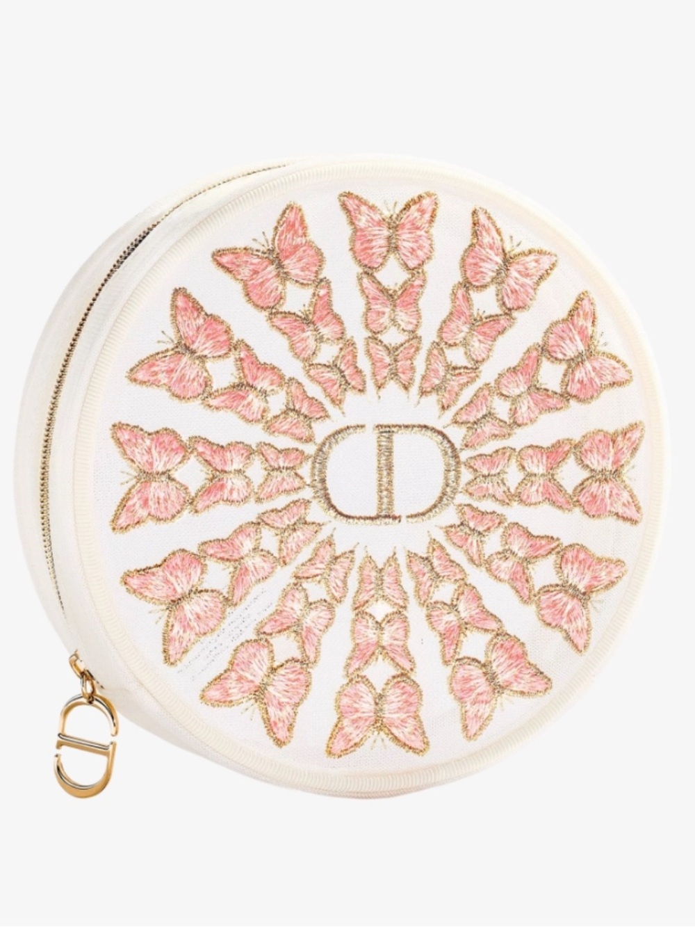 Authentic Dior Beauty Pink & Gold Embroidered Butterfly Round Mesh Makeup Pouch